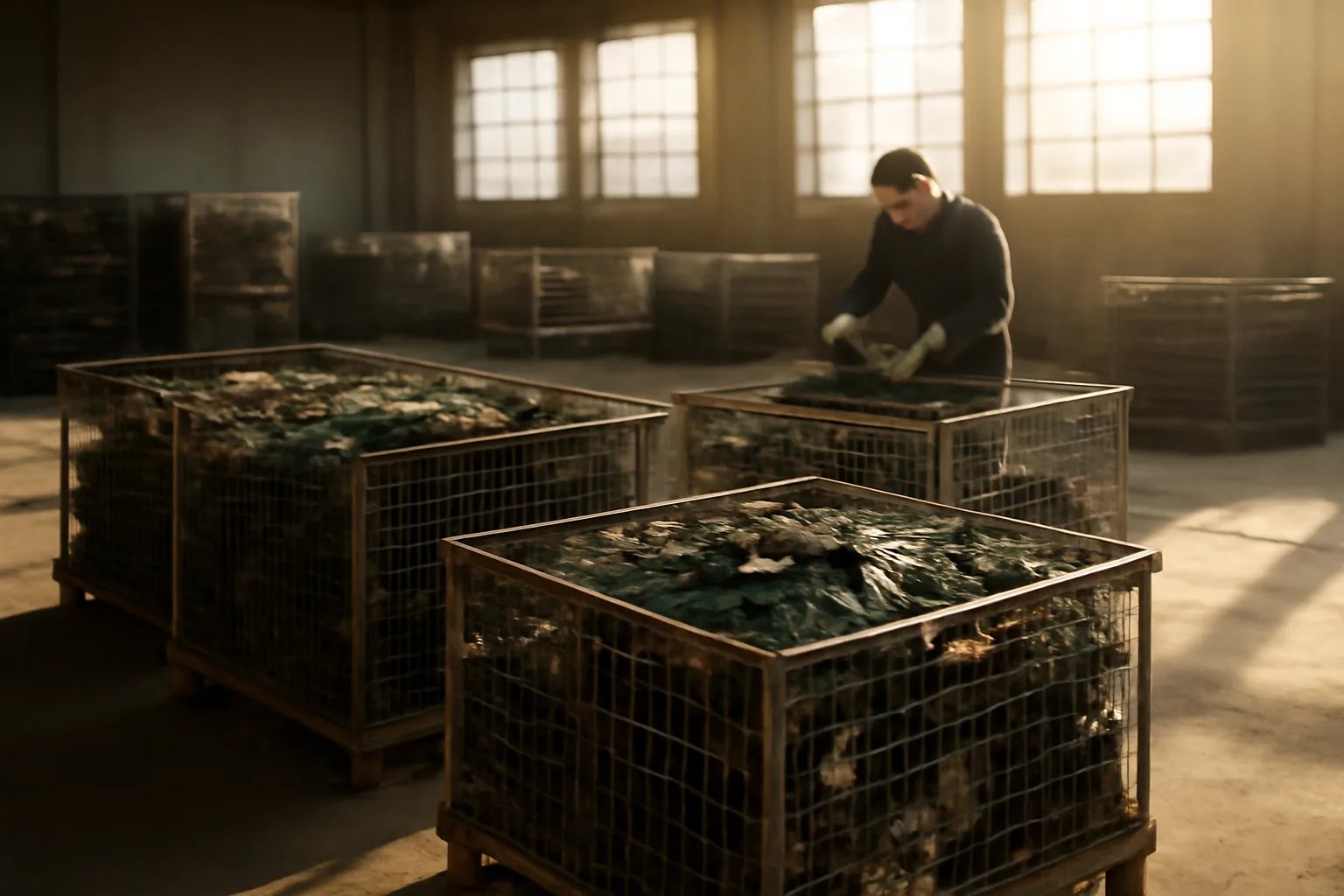 Industrial warehouse with pallets of sorted e-waste electronics ready for ITAD processing
