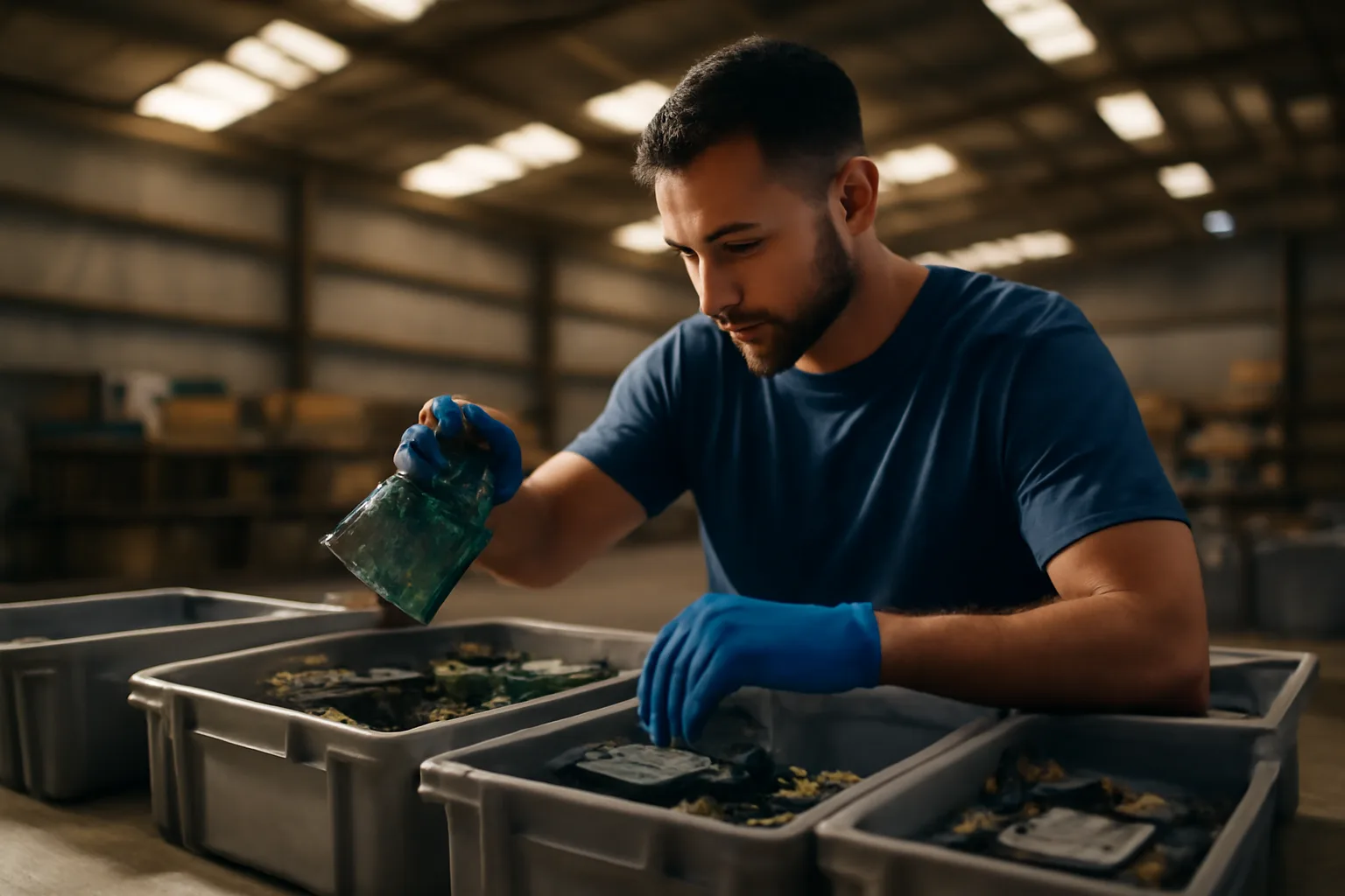 Technician sorting disassembled electronics in a California e-waste processing warehouse