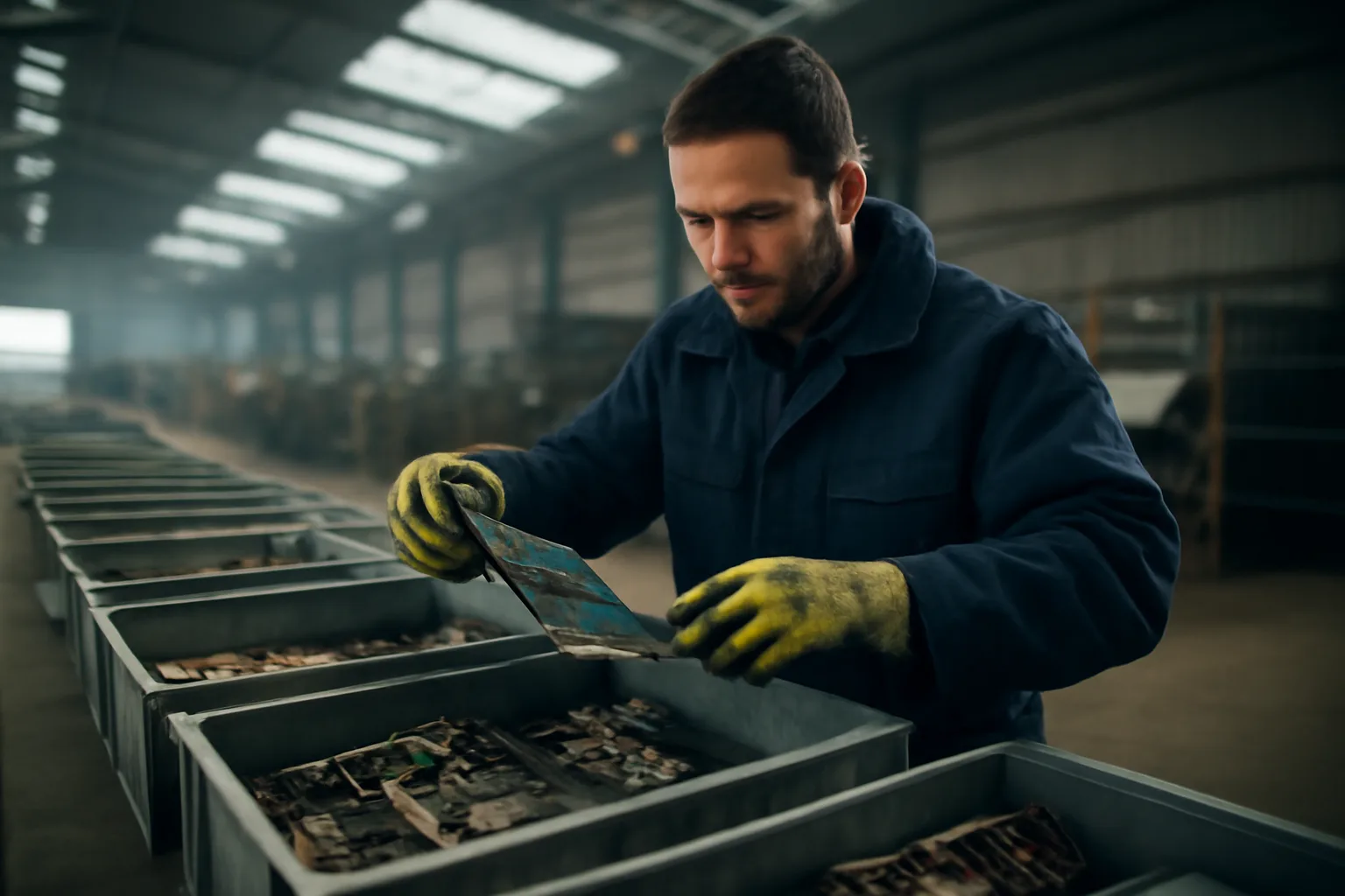 Worker sorting e-waste components in an Alaska ITAD facility in winter light