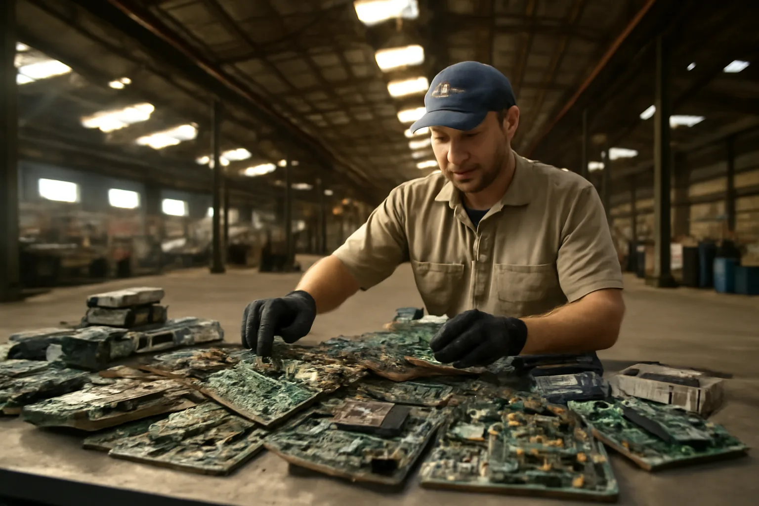 Worker sorting circuit boards at an industrial e-waste processing facility in Arkansas