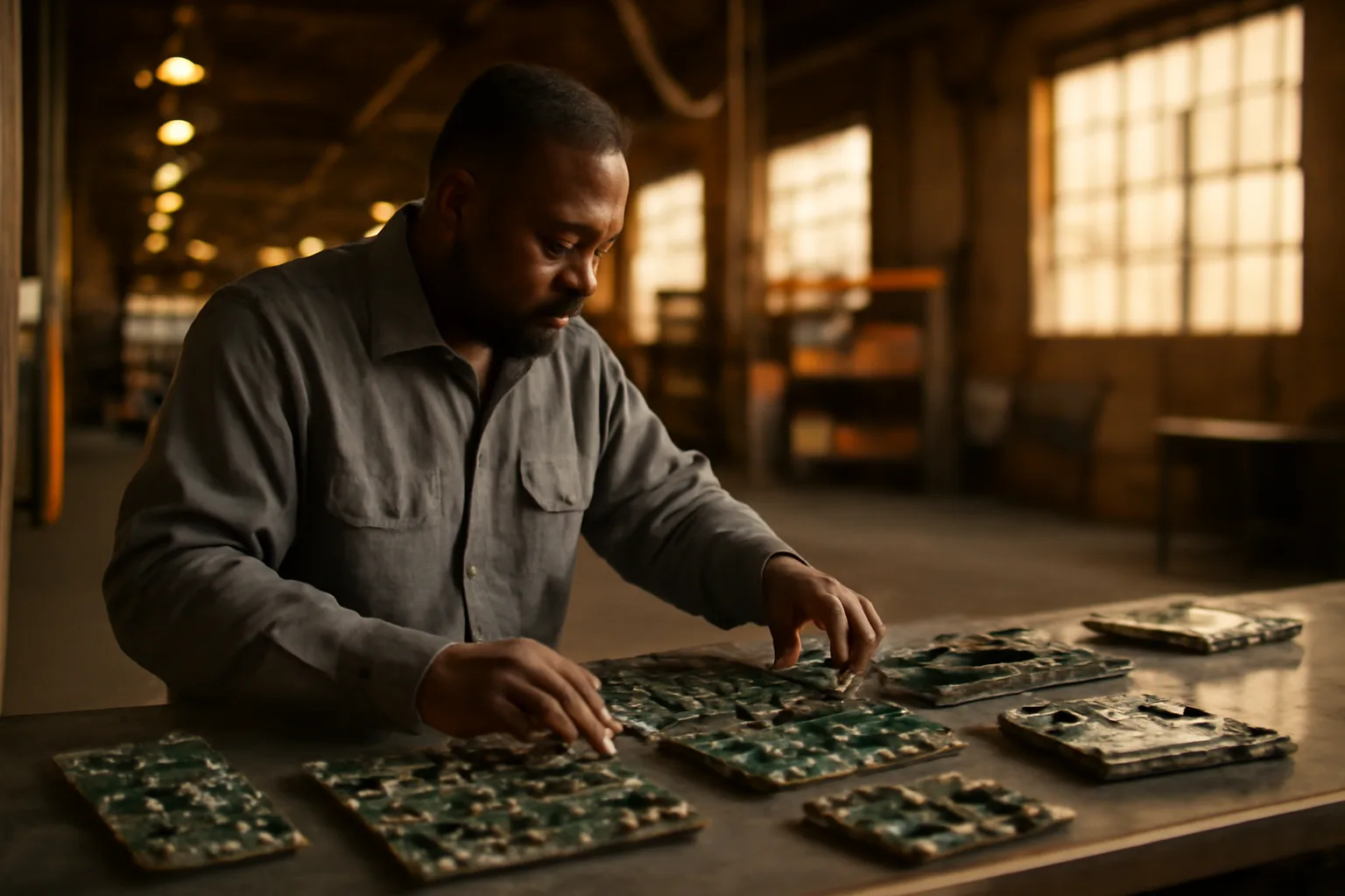 Worker sorting circuit boards and hard drives on a metal table in an Alabama ITAD warehouse