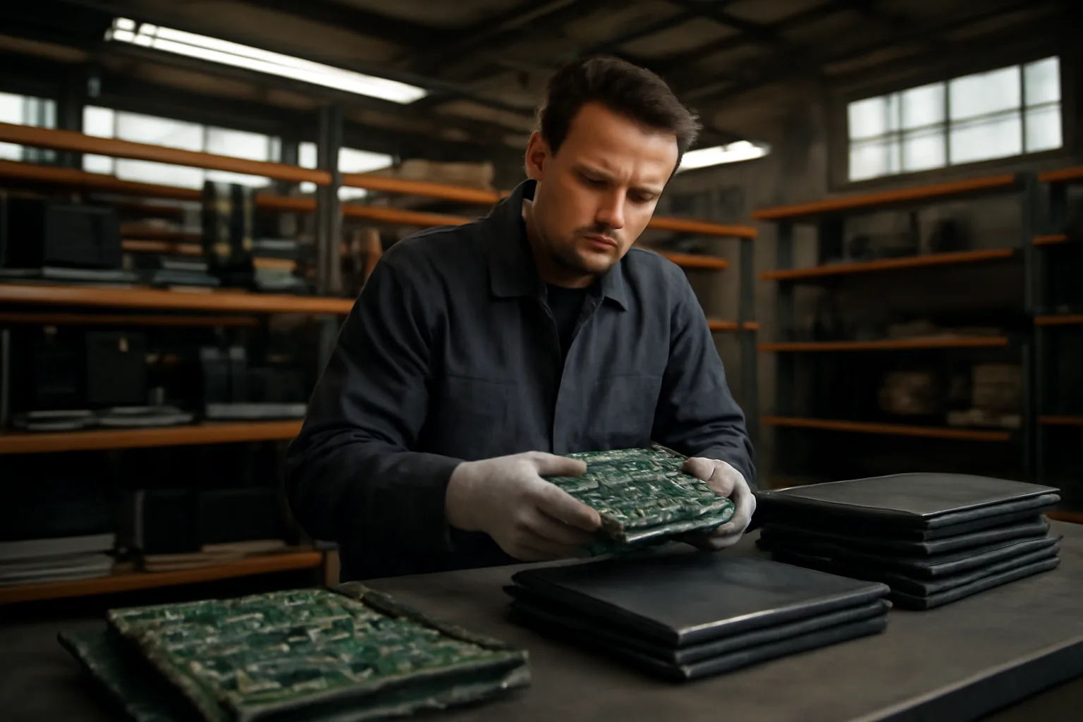 Technician sorting disassembled electronics in an Alaska ITAD warehouse under bright overhead lights