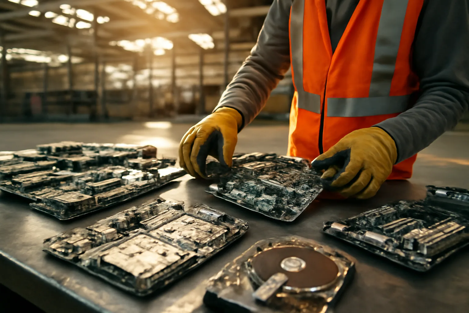 Worker sorting circuit boards and hard drives at an Arizona e-waste ITAD facility