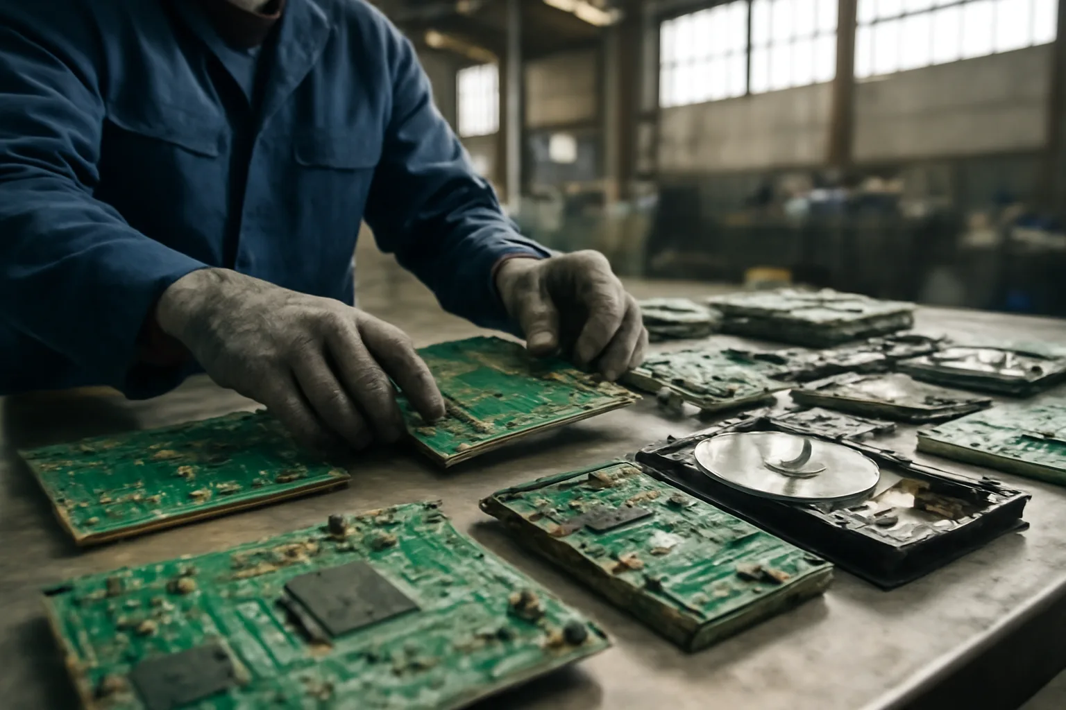 Worker sorting circuit boards and hard drives at an Arkansas e-waste recycling facility