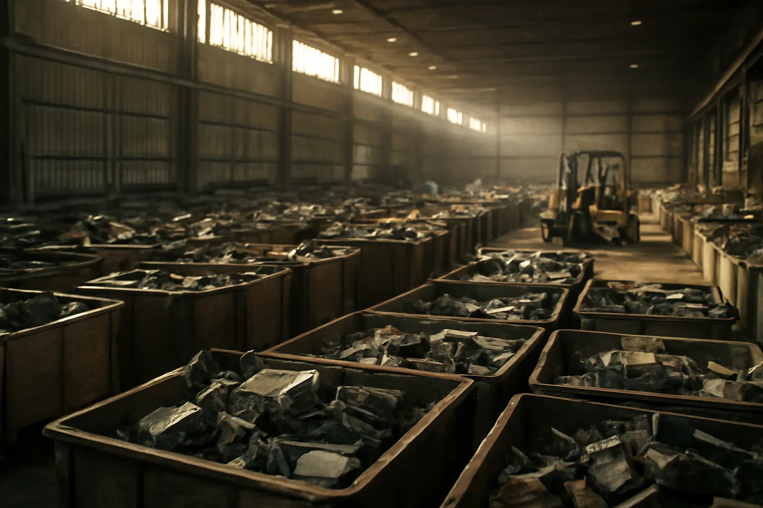 Industrial e-waste sorting facility floor with electronics bins in California morning light