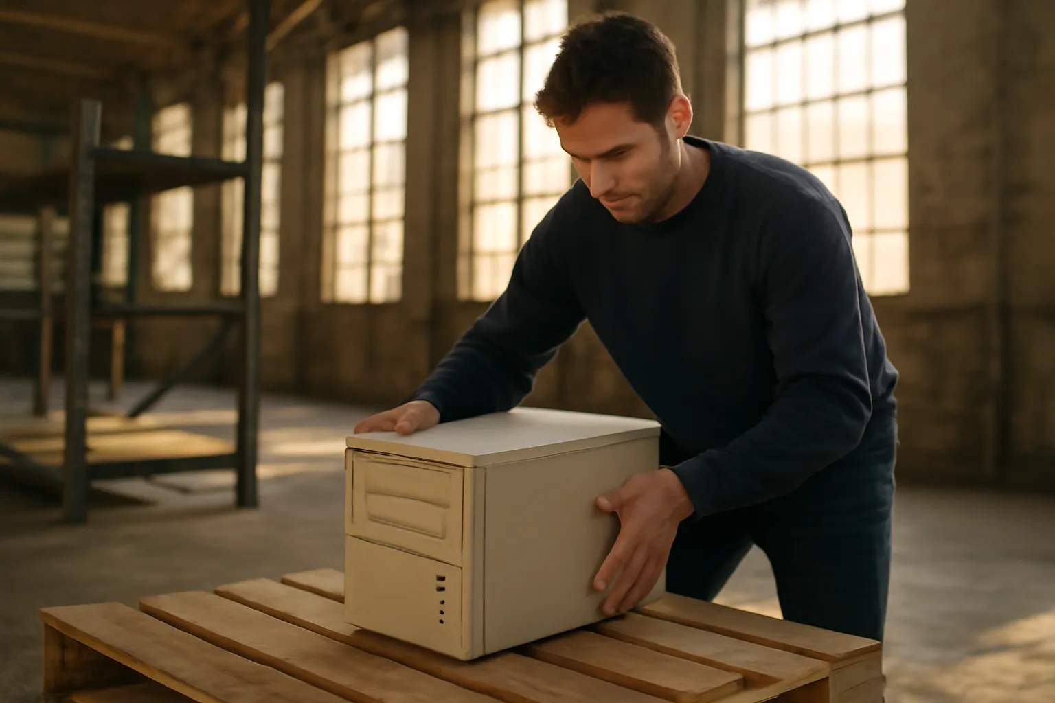 Worker lifting a desktop computer during Connecticut e-waste ITAD work