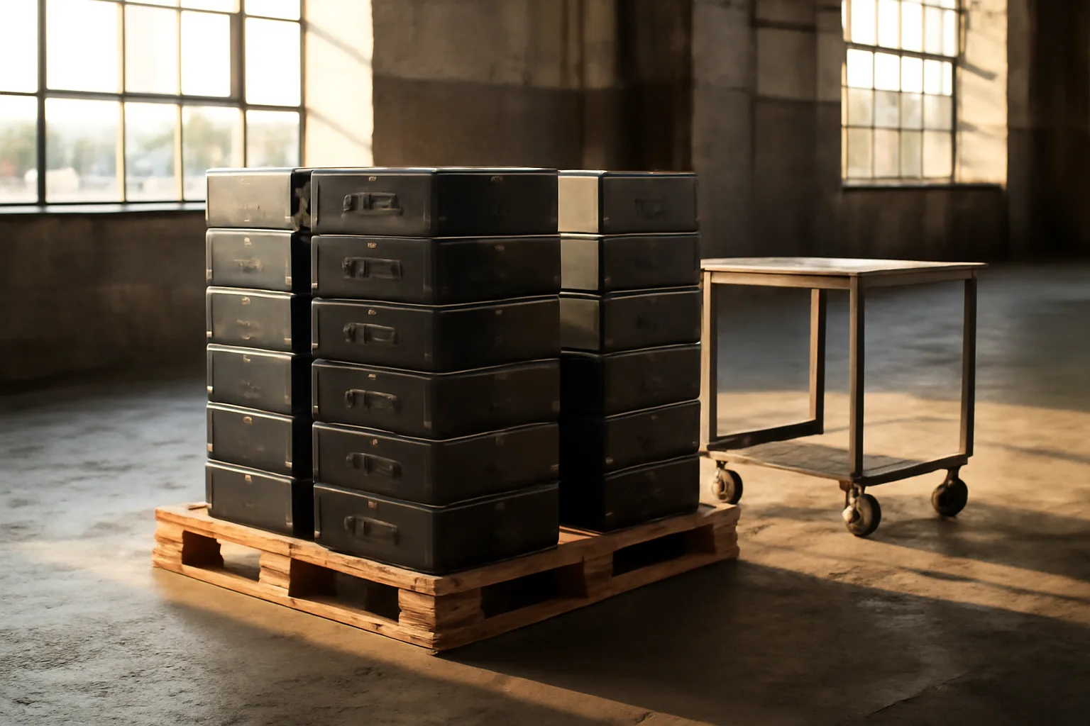 Closed desktop computers on pallets in a Delaware warehouse