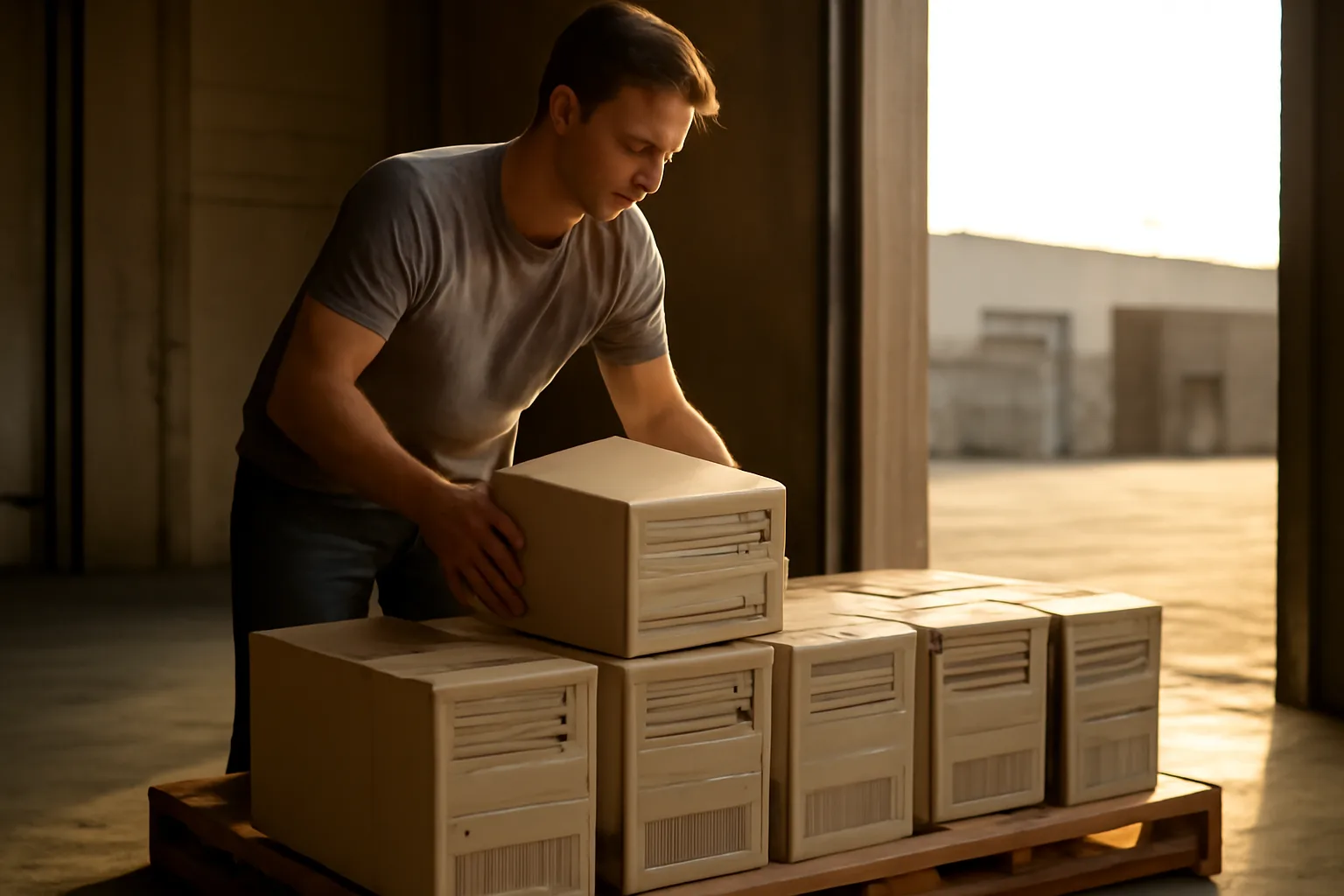 Worker lifting a desktop computer in a Tampa ITAD warehouse