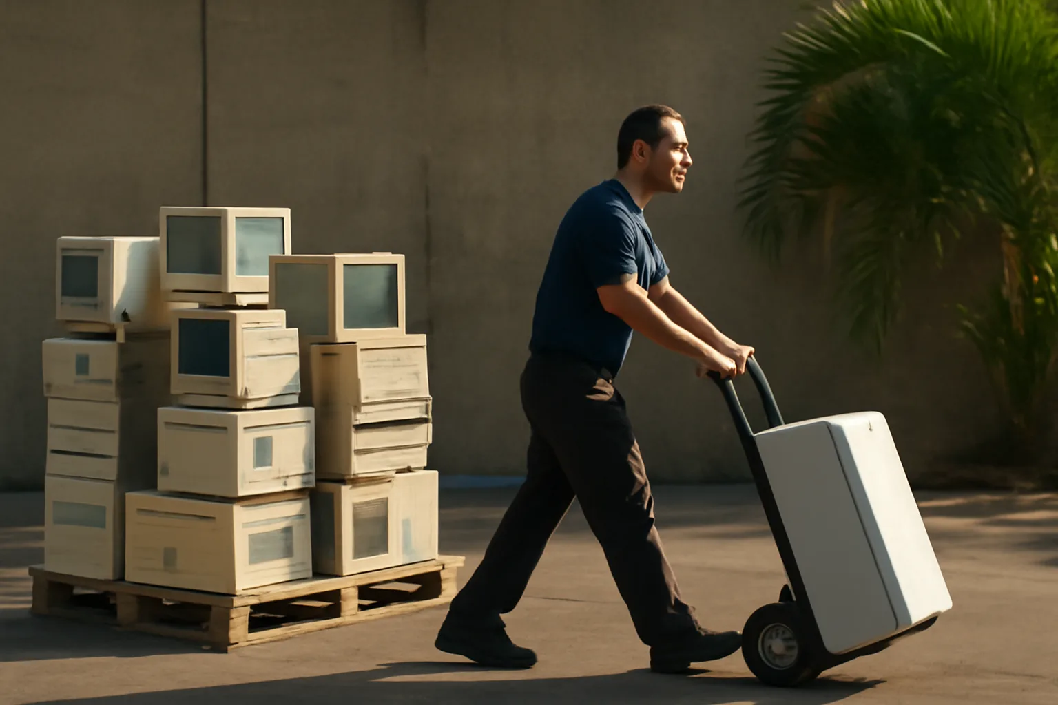 Worker moves computers on a Honolulu dock for e-waste ITAD