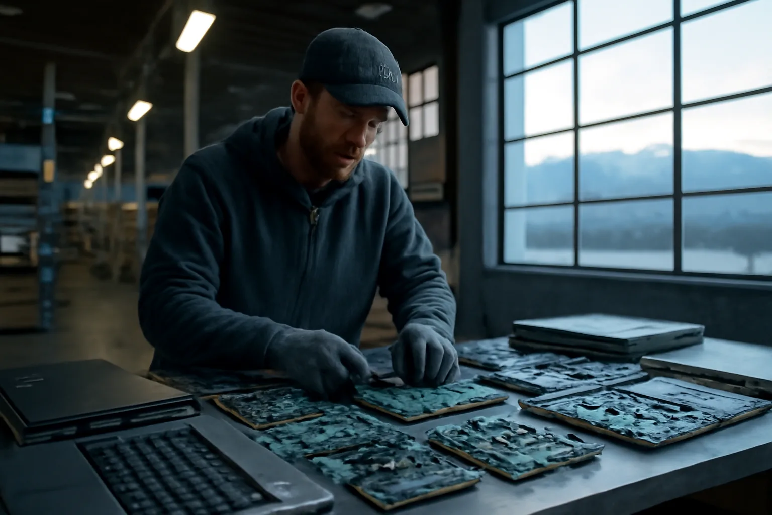 Worker sorting e-waste electronics on a warehouse bench with Alaskan mountains in background