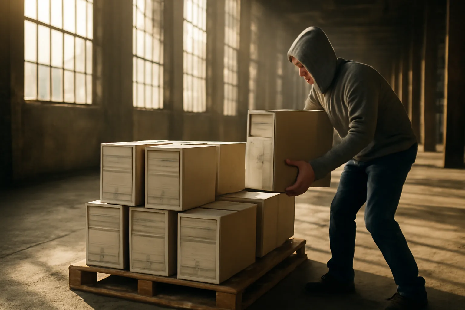 Worker stacking computer towers in a Colorado ITAD warehouse