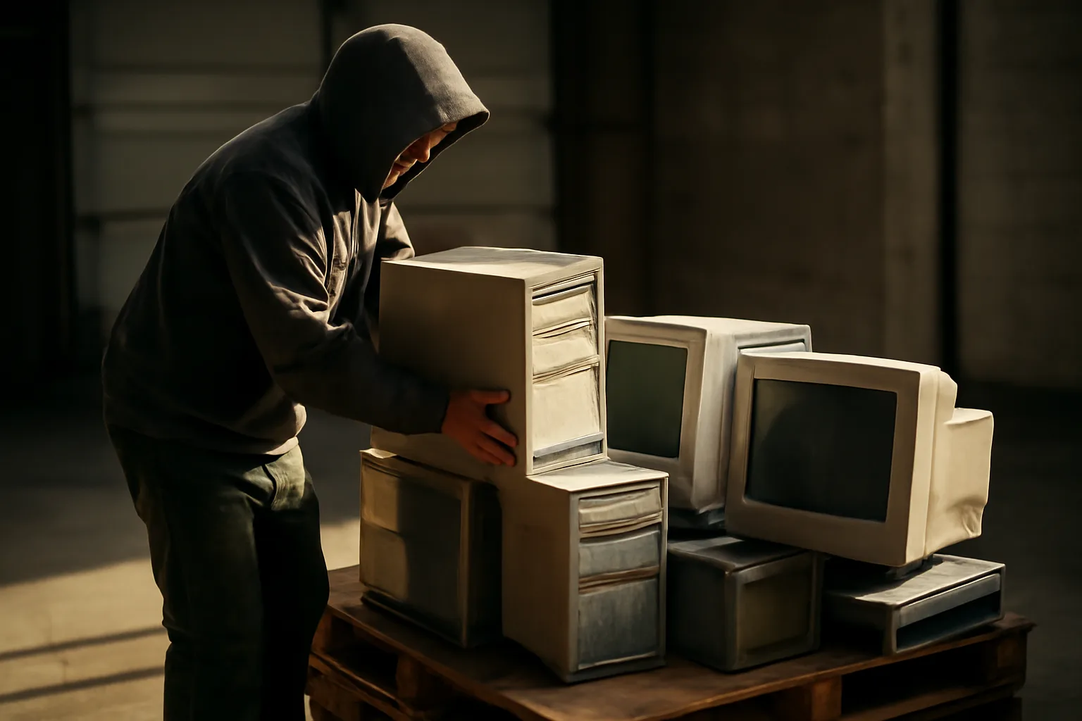 Worker lifting a desktop computer from a pallet for Connecticut e-waste ITAD
