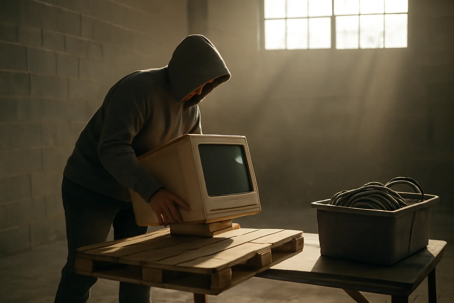Worker sorting e-waste desktops for ITAD in a Delaware warehouse