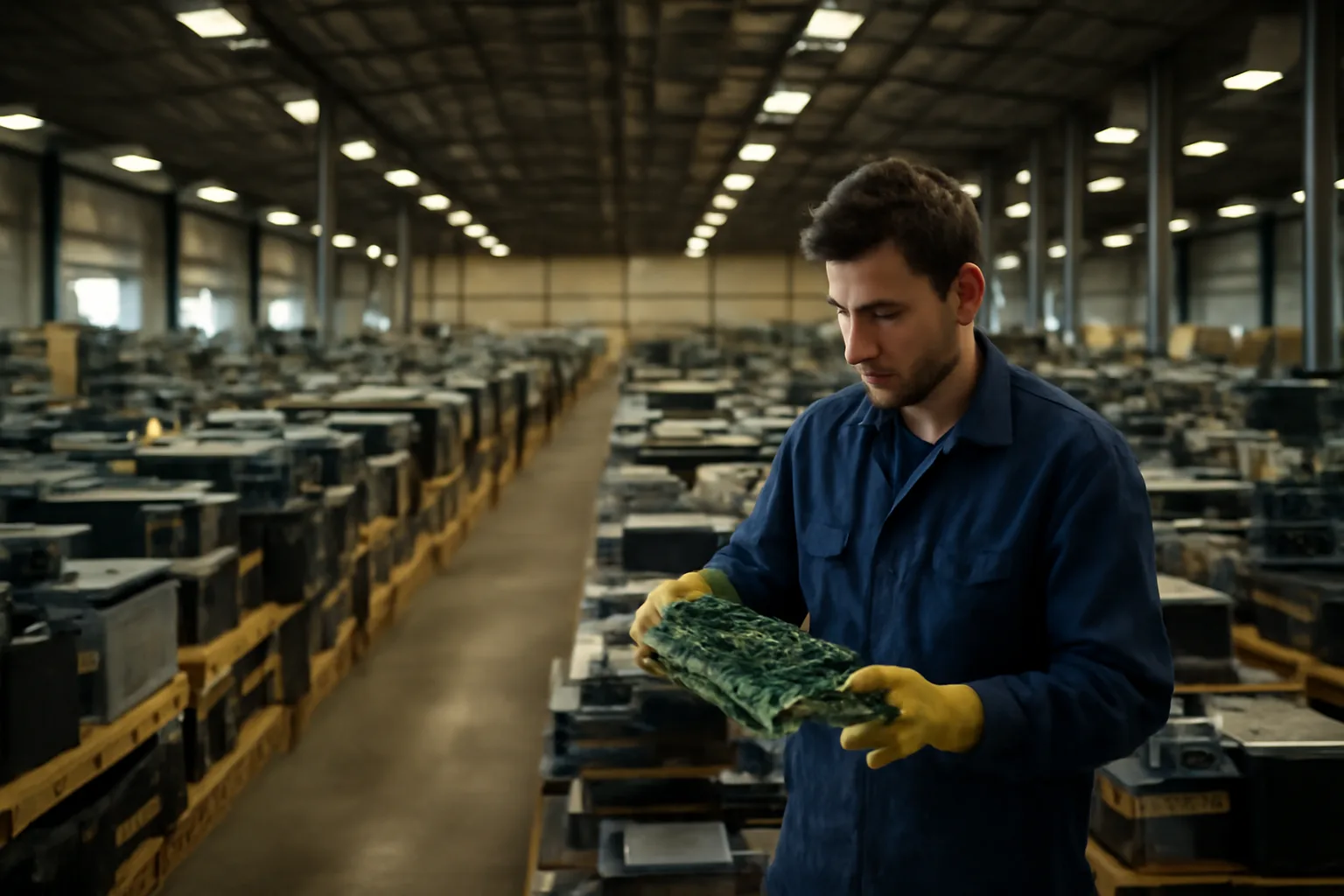 Worker inspecting circuit board inside Alabama e-waste ITAD processing warehouse