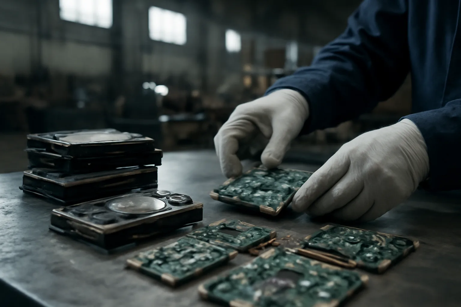 Technician sorting electronic components on a workbench inside an Alaska ITAD facility