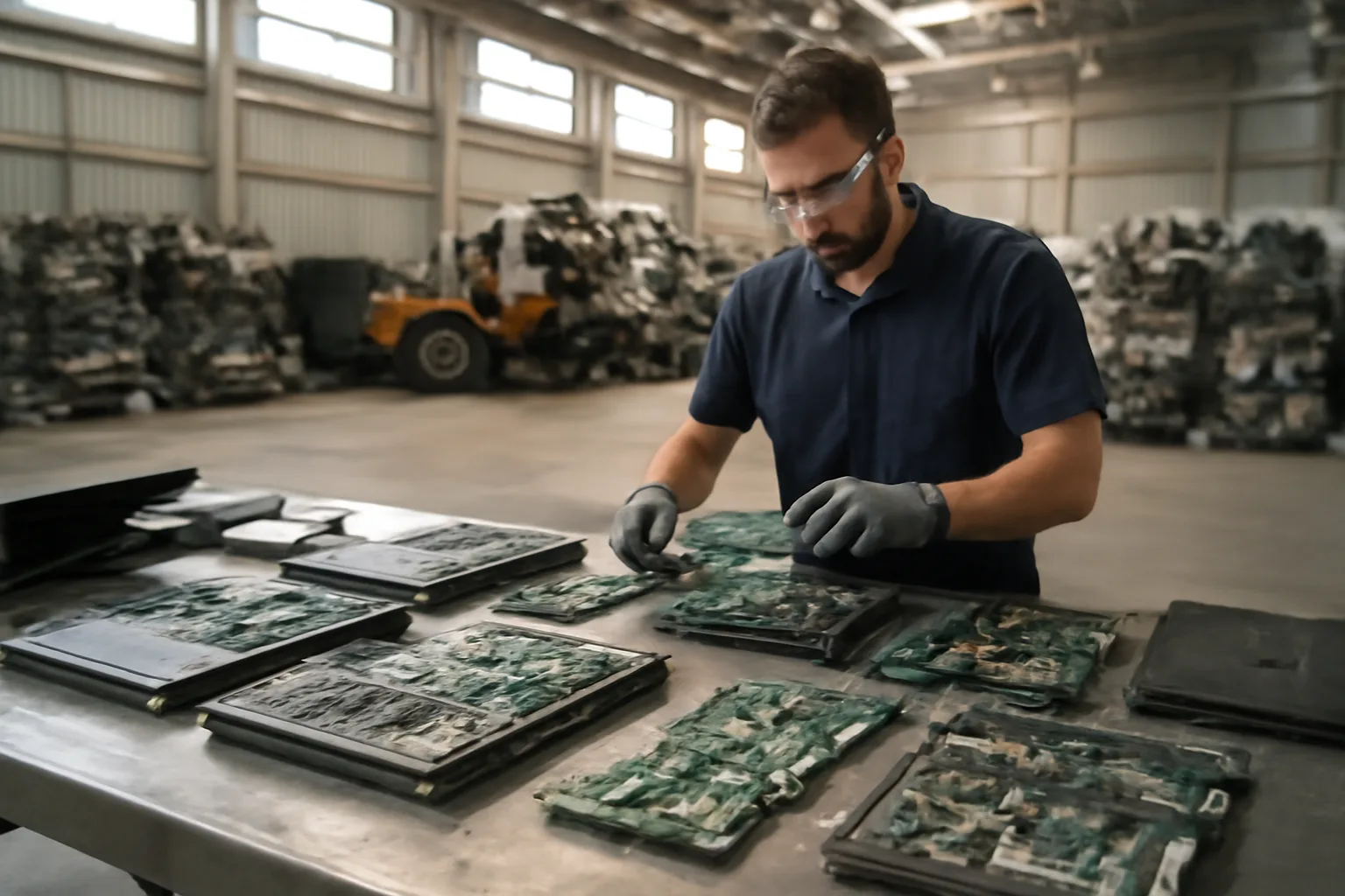 Technician sorting disassembled laptops on a steel workbench inside an Arizona e-waste facility