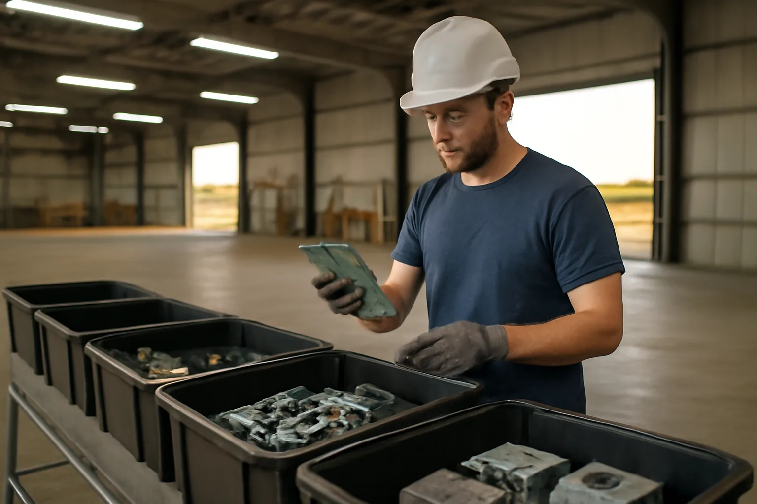 Worker sorting disassembled electronics into bins inside an Arkansas ITAD warehouse