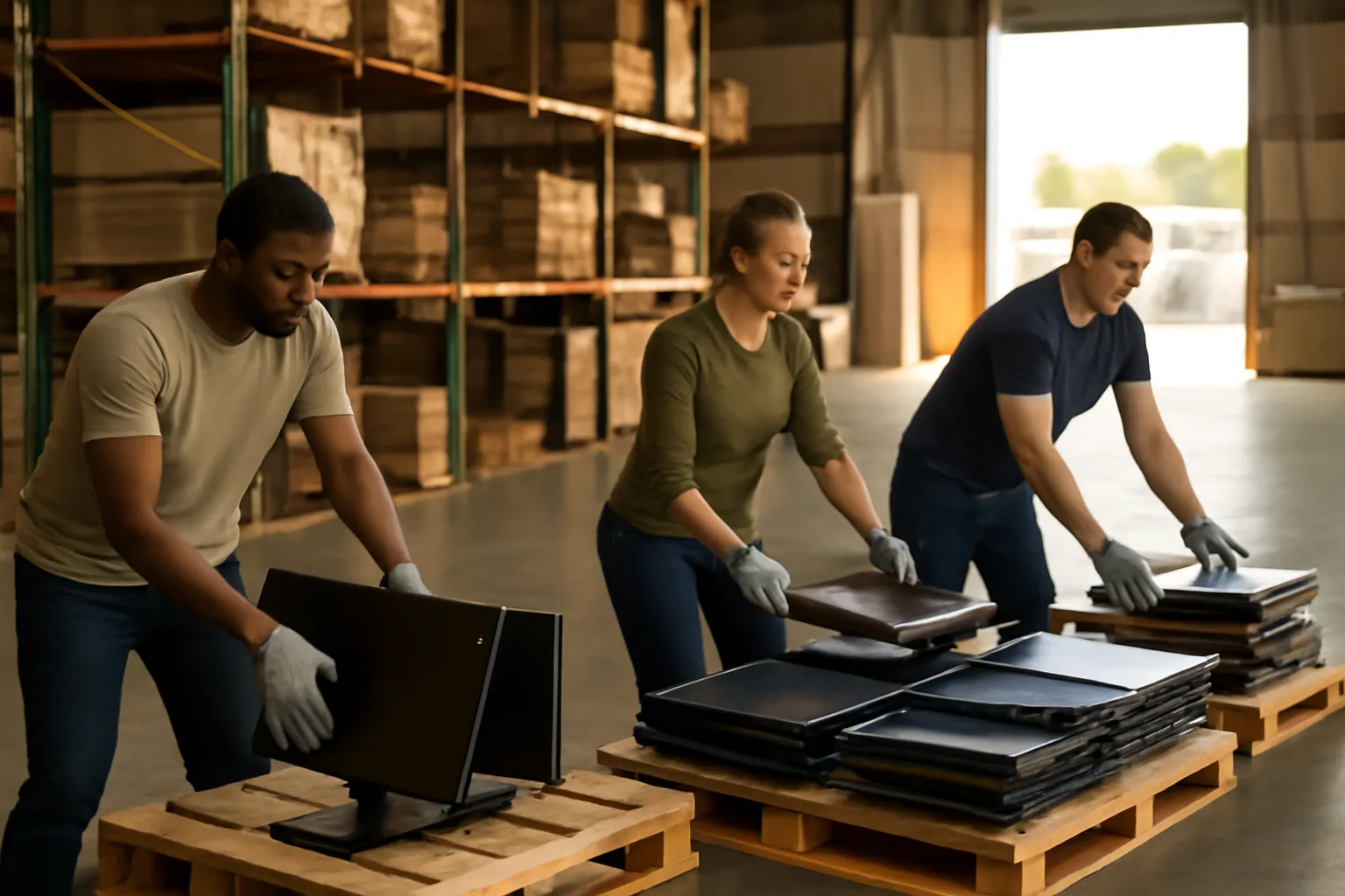 Workers sorting used electronics on a warehouse floor in California