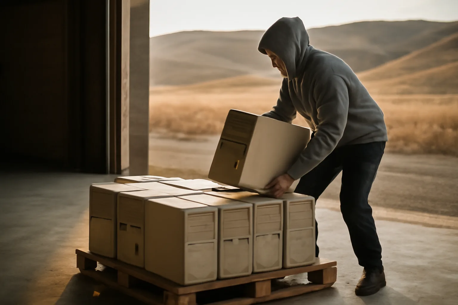 Worker lifting a desktop PC from e-waste pallets in Colorado