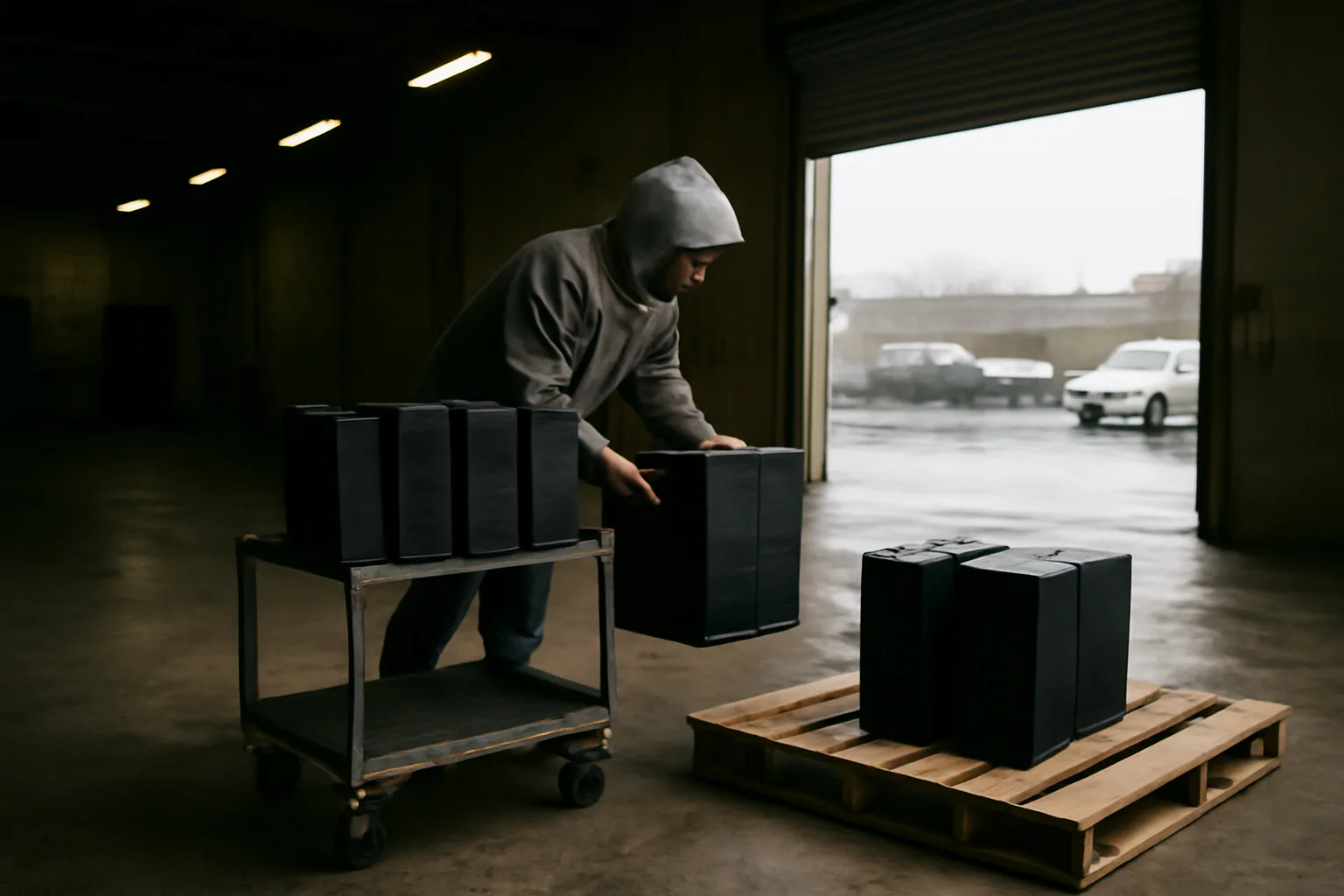 Gray-hoodie worker palletizing desktop PCs at a Delaware ITAD warehouse