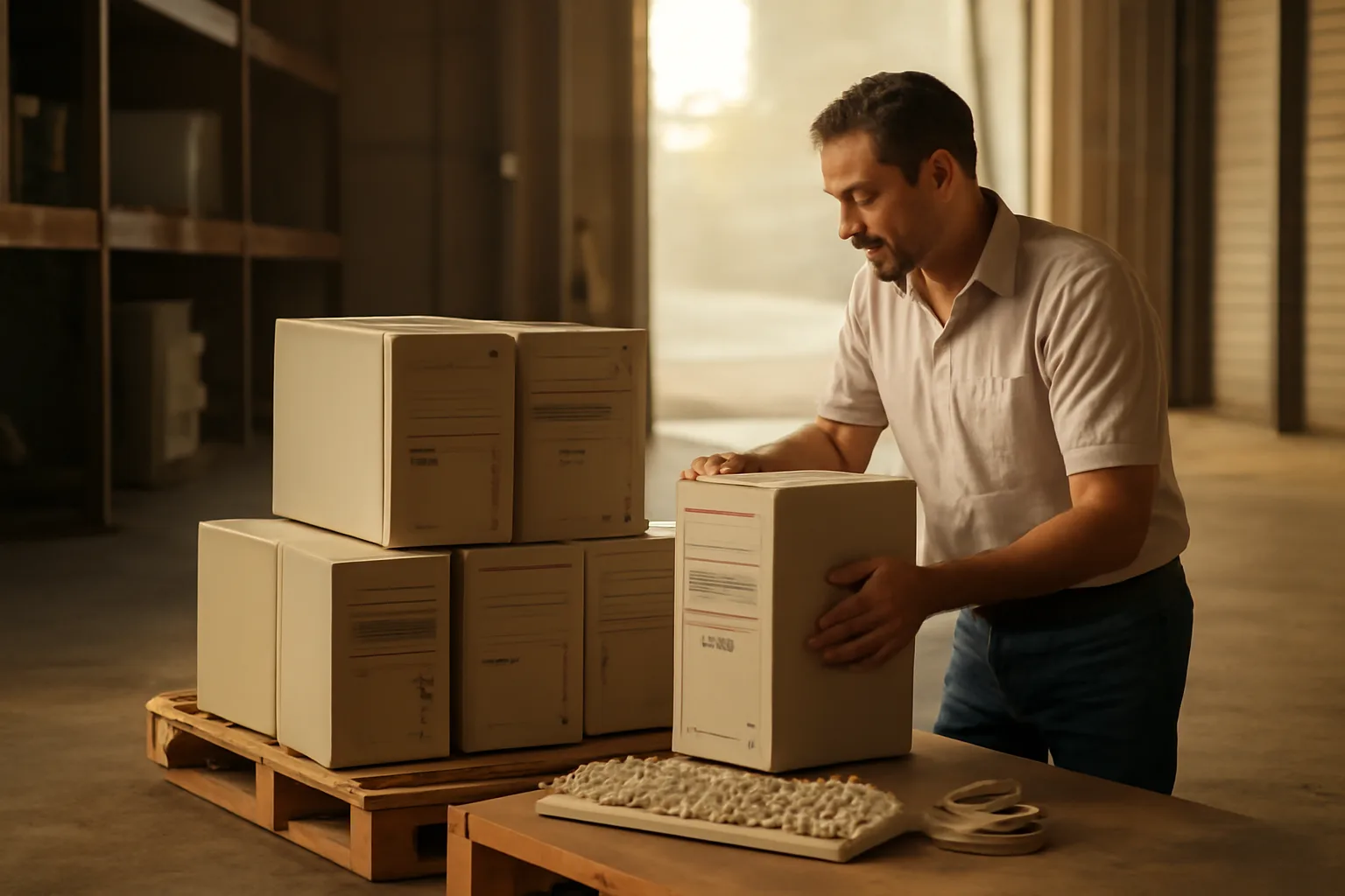 Worker inspecting desktop computers in a Florida warehouse aisle