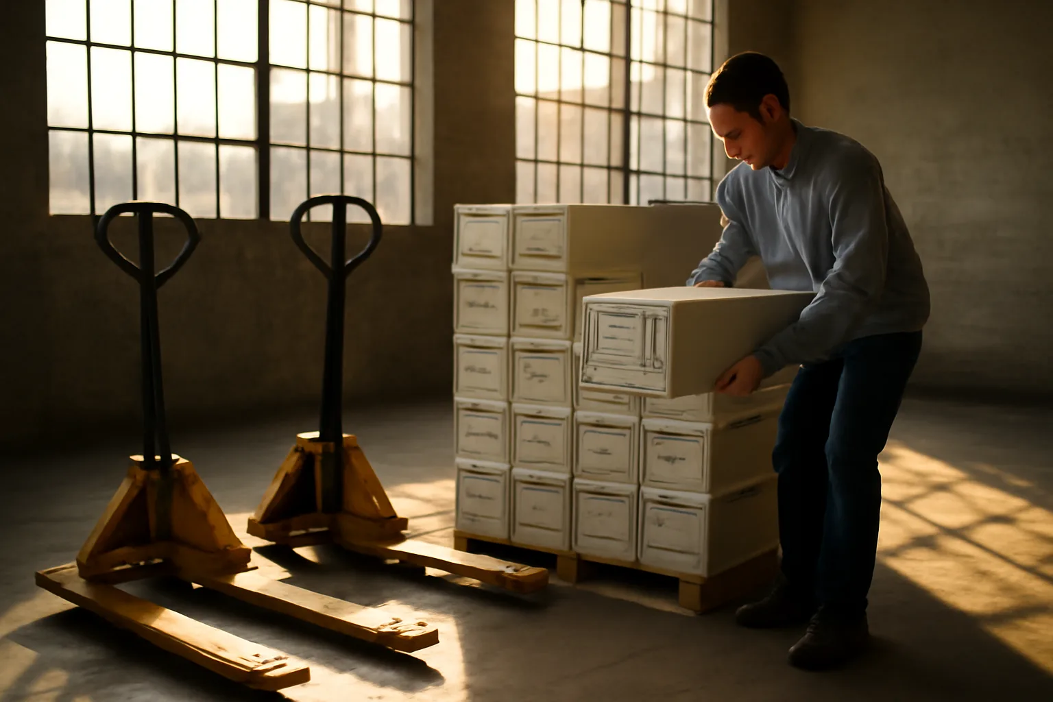 Person lifting computer towers in an Atlanta e-waste warehouse