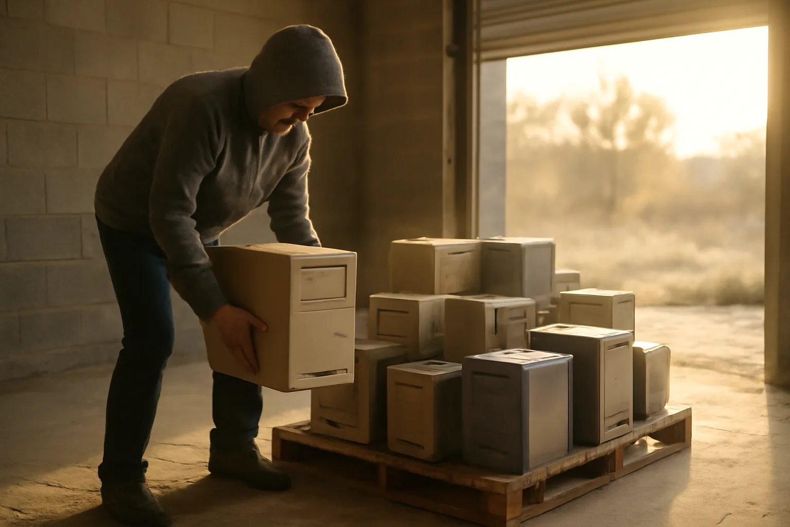 Worker handling e-waste computers in a Boise ITAD warehouse