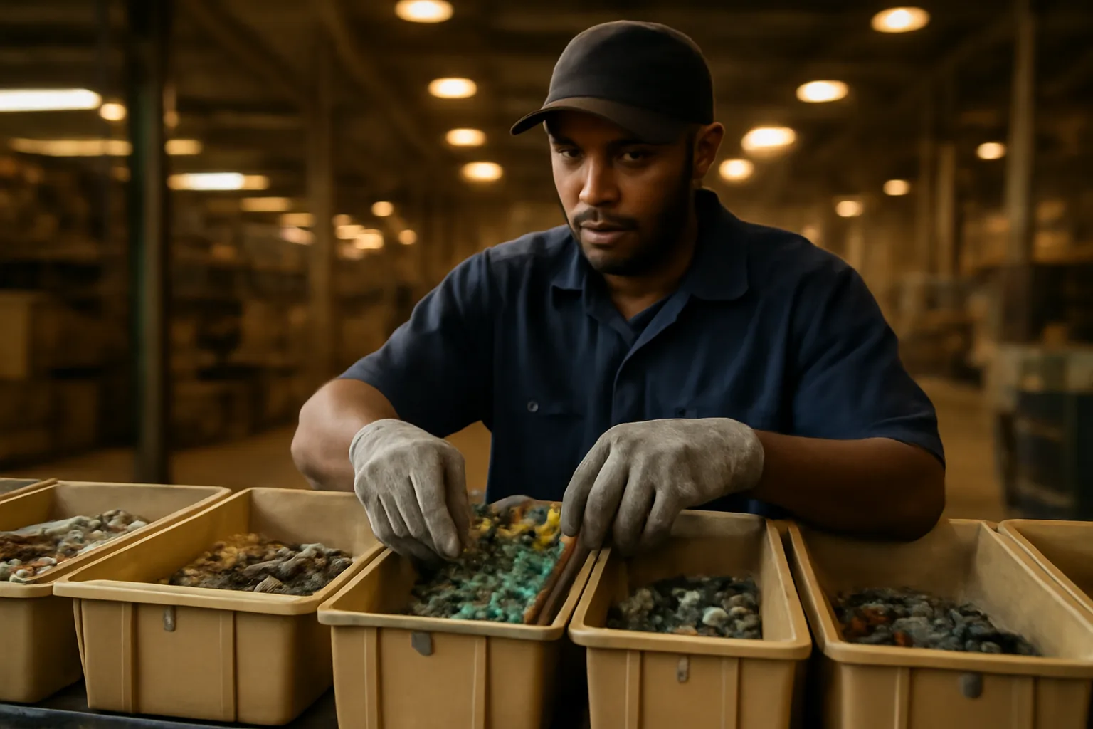 Worker sorting e-waste components at an Alabama ITAD recycling facility