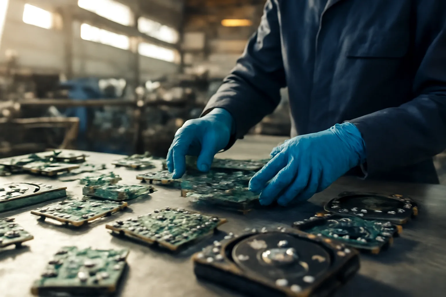 Technician sorting circuit boards and hard drives at an Arizona e-waste ITAD facility