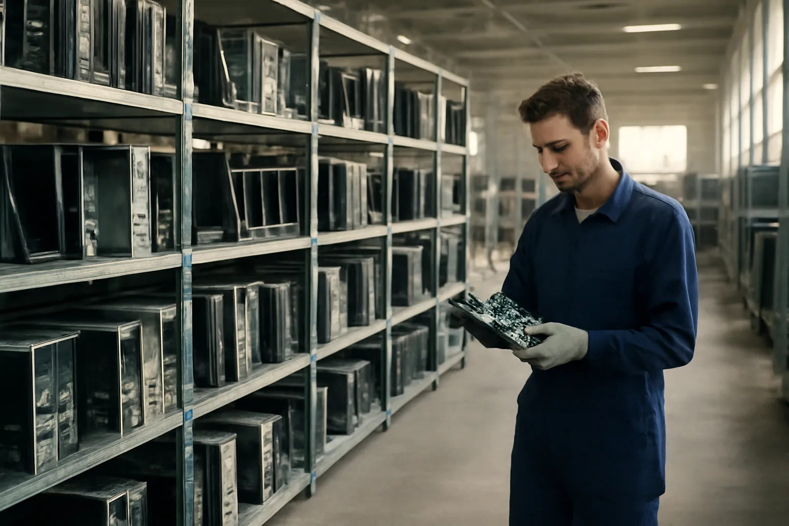 Worker sorting disassembled electronics on metal shelving in an Arkansas ITAD facility