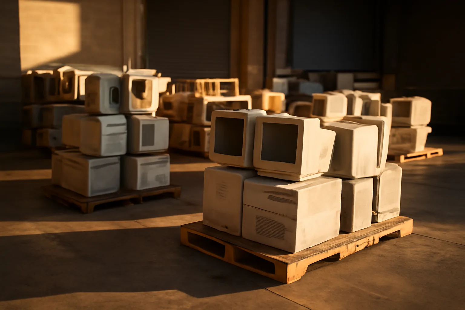 Warehouse pallets of retired electronics awaiting California e-waste ITAD processing