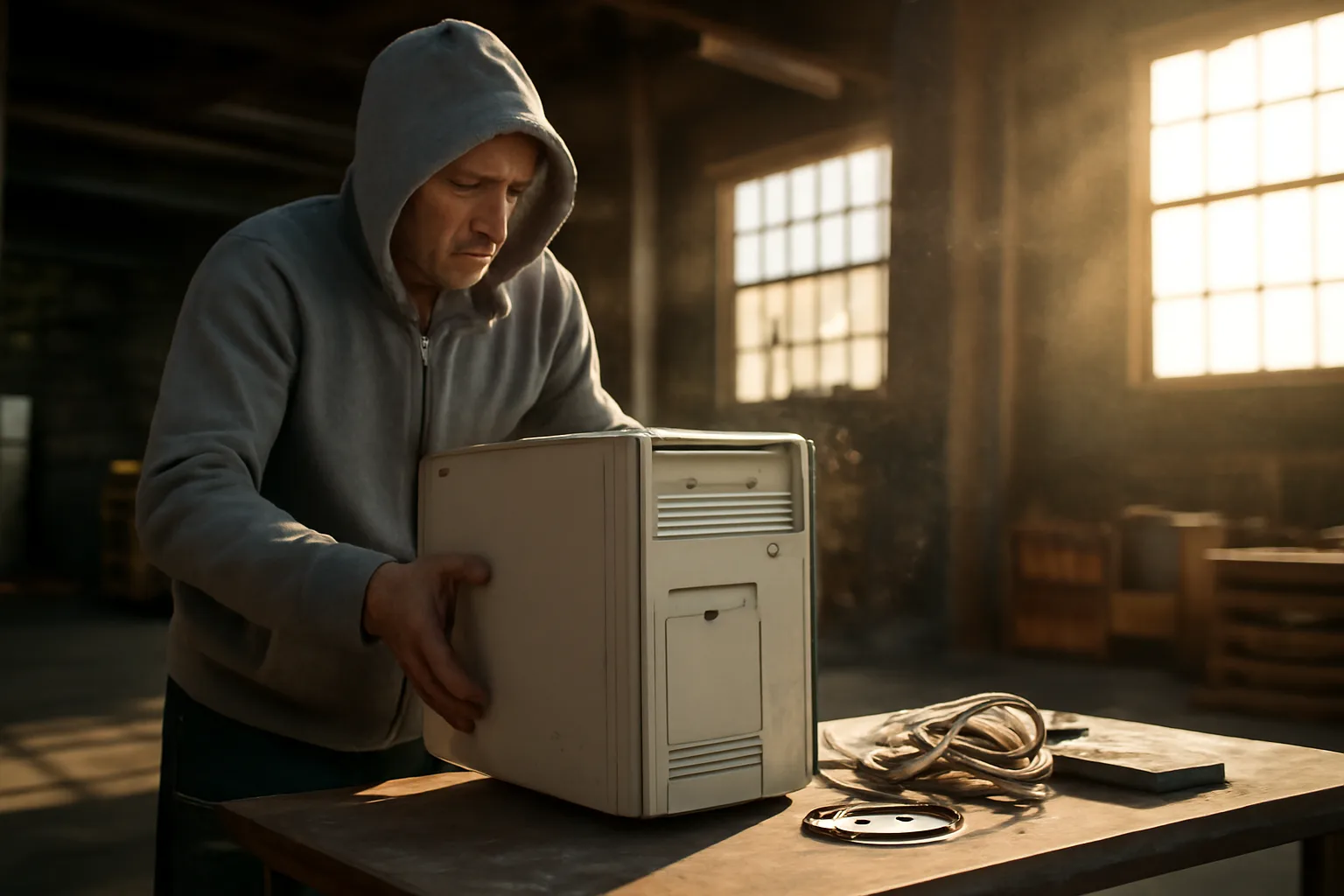 Worker lifts a used desktop for e-waste ITAD in Hartford