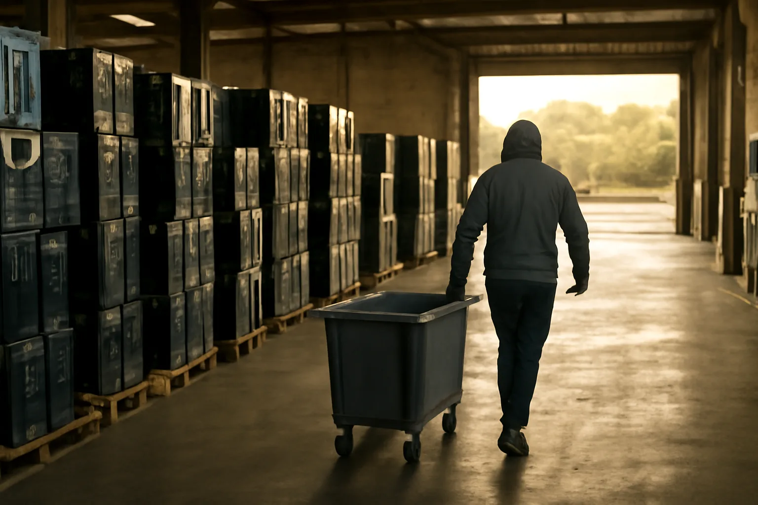 Worker moving a cart past palletized computers in a Florida e-waste ITAD warehouse