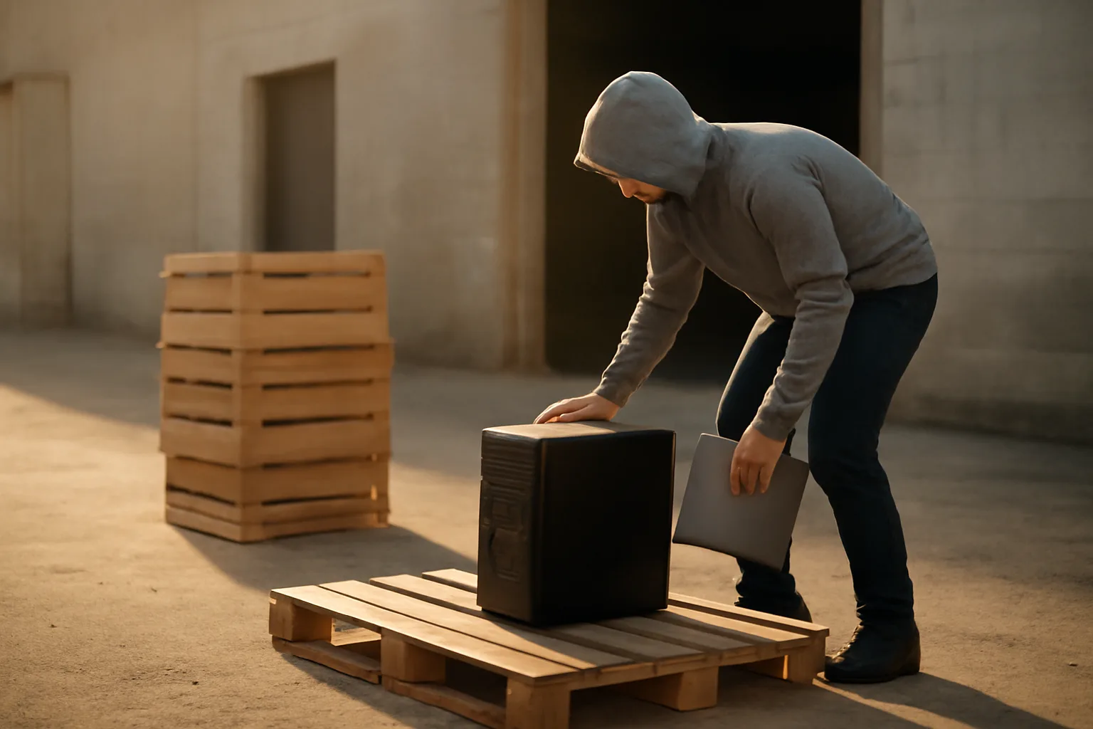 Worker stacking computers on a pallet in a Georgia warehouse