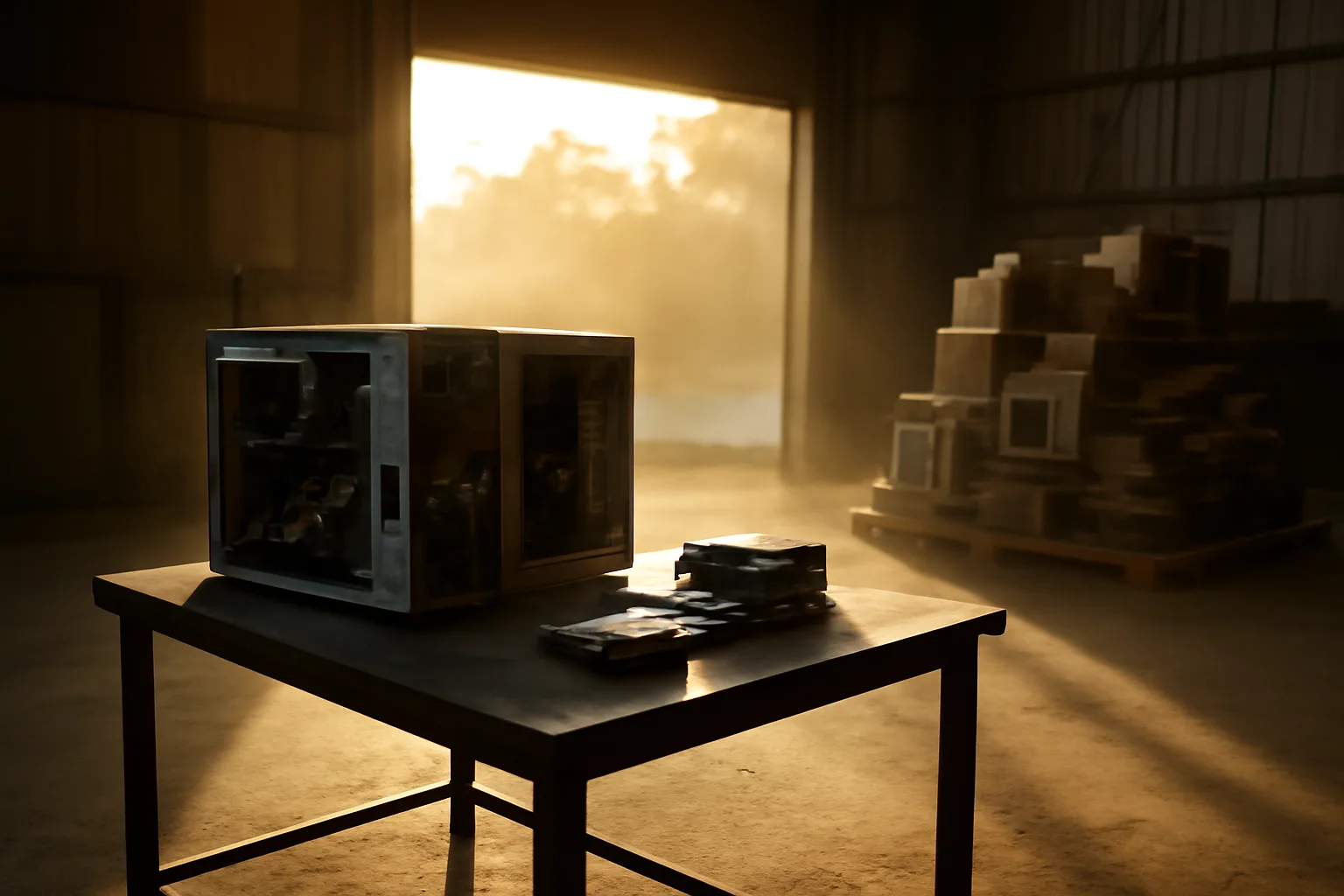 Opened computers and hard drives on a Hawaii warehouse workbench