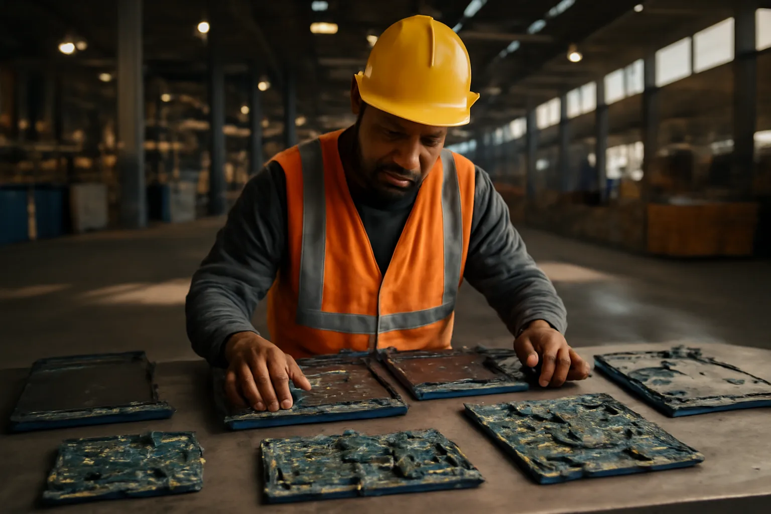 Worker sorting disassembled laptops and circuit boards on a warehouse workbench