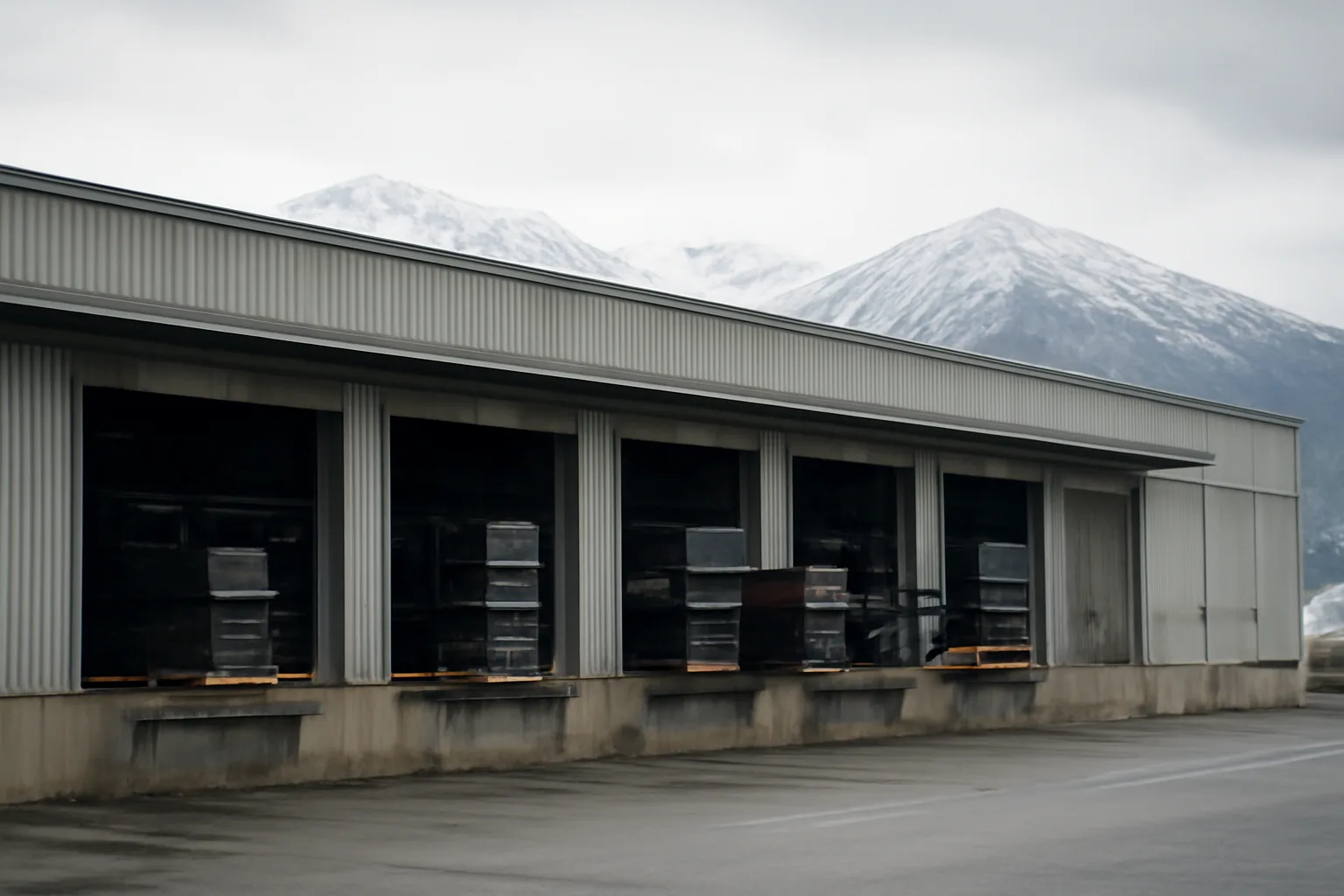 Anchorage Alaska warehouse loading dock with pallets of electronics equipment and mountains behind