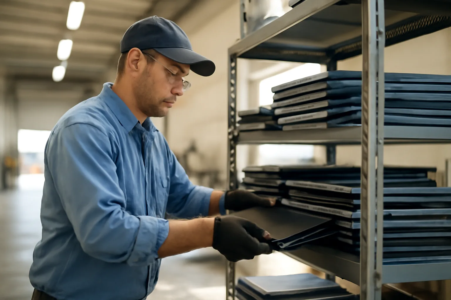 Technician sorting used laptops on warehouse shelving in an Arizona ITAD facility