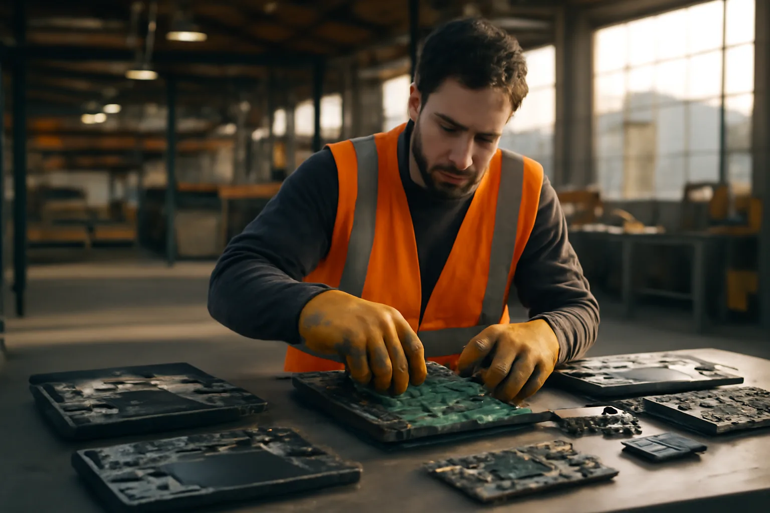 Worker sorting disassembled electronics on a worktable in an e-waste processing facility