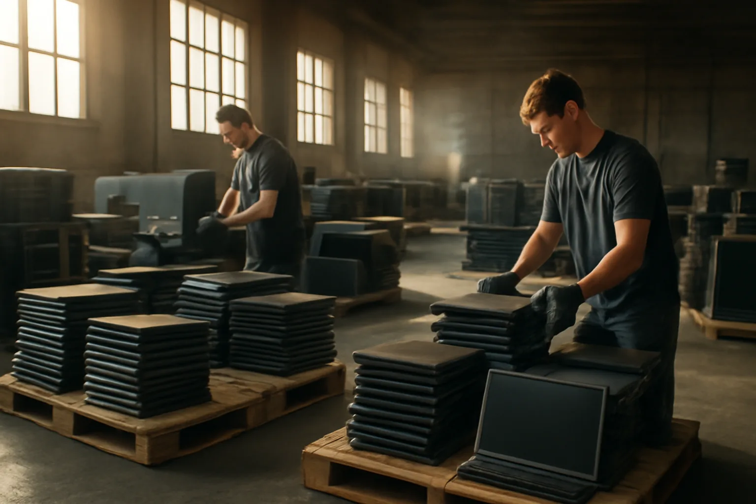 Workers sorting pallets of laptops on a California e-waste ITAD facility floor