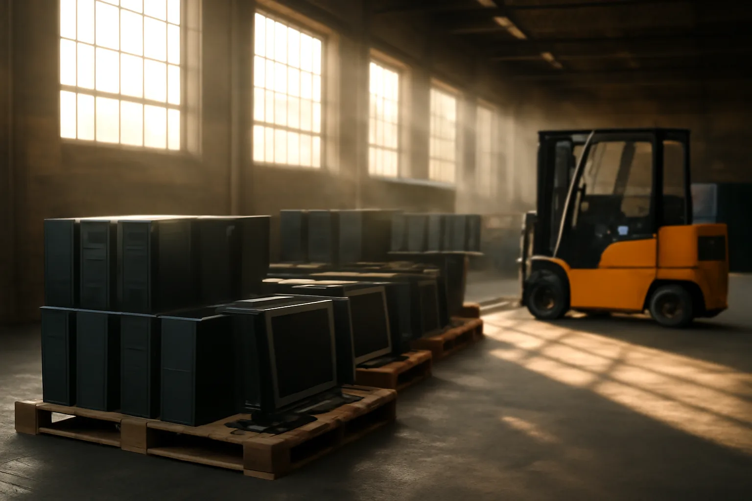 Unplugged computers on pallets in a Colorado ITAD warehouse