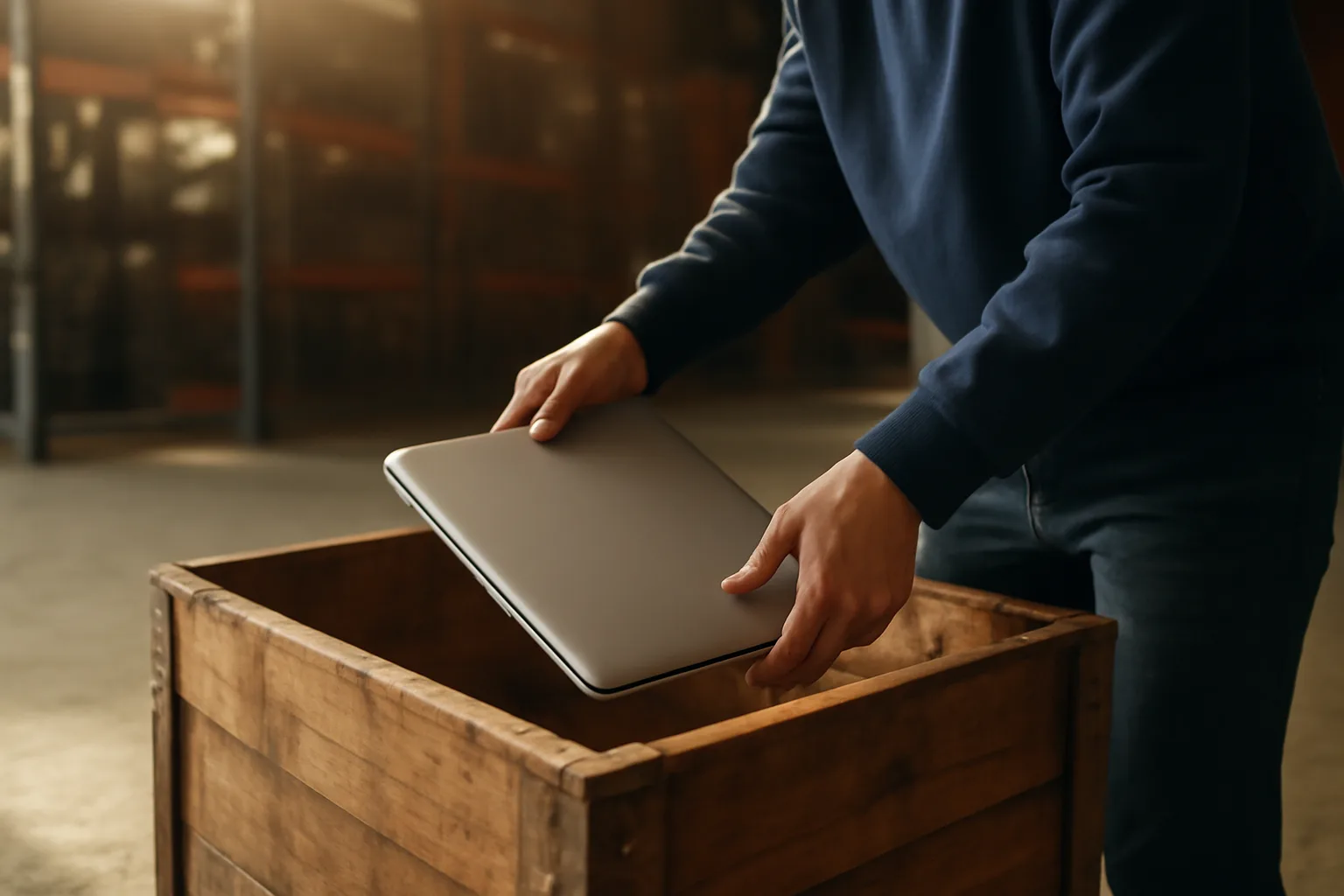 Worker packing a laptop in a Connecticut e-waste ITAD warehouse