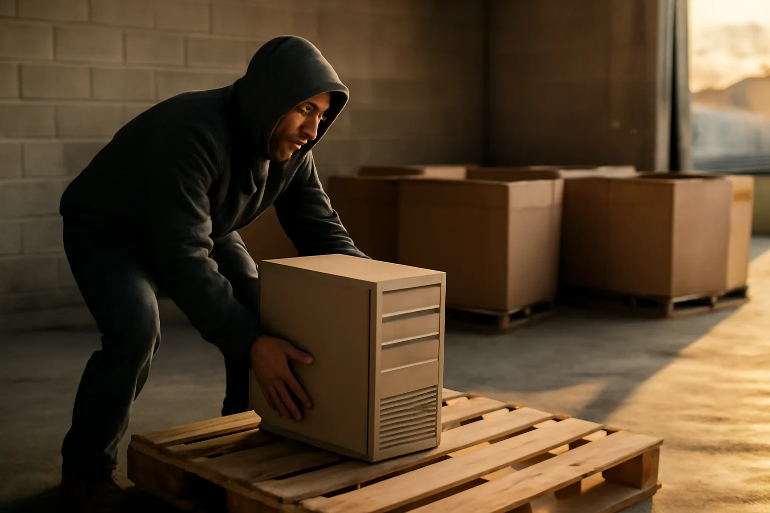 Worker palletizing old computers for Delaware e-waste ITAD work