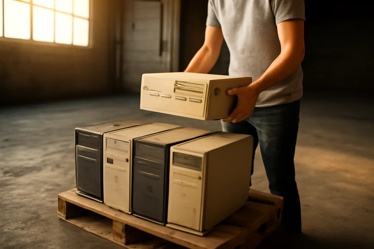 Worker lifting a used desktop in a Tampa e-waste warehouse
