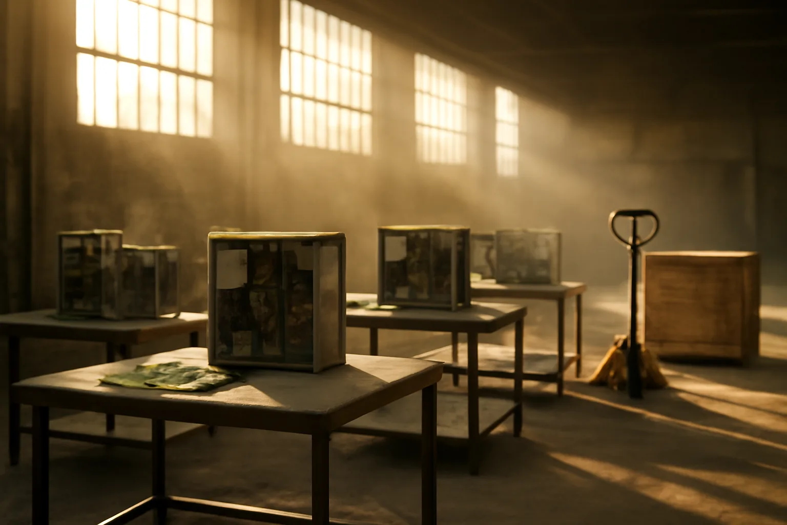 Opened desktop computers on warehouse tables in Idaho afternoon light
